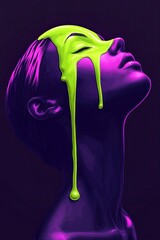 Woman's face covered in vibrant lime green paint dripping down, purple skin tone, dark background.