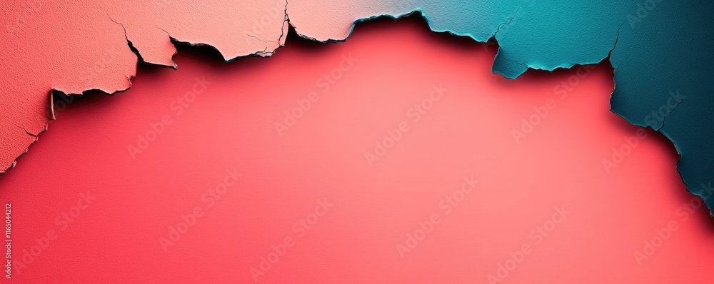 Poster Torn abstract background concept. Colorful abstract background with torn paper edges in vibrant shades of red and teal.
