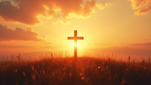 Cross on the hill with sunset. - Powered by Adobe
