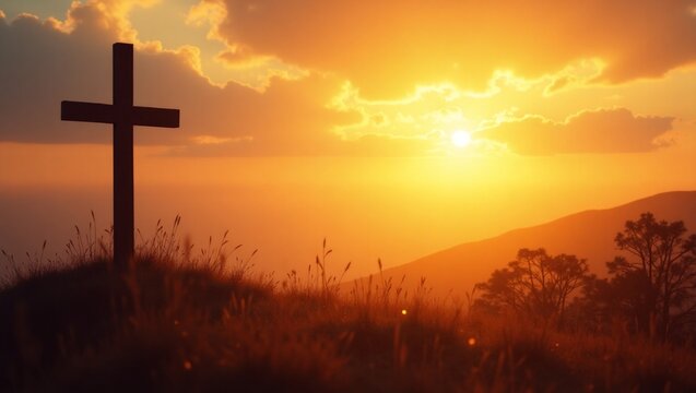 Cross on the hill with sunset.