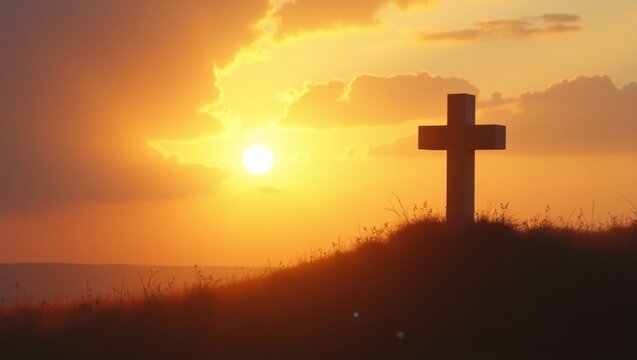 Cross on the hill with sunset.