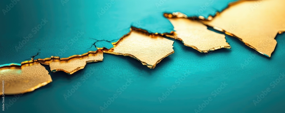 Poster torn abstract background concept. golden flakes on a vibrant turquoise background, creating a stunni