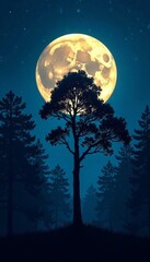Silhouette of a tree against a bright full moon in a dense forest at night, moonlight, lunar