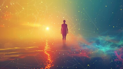 Obraz premium A silhouette stands in a surreal landscape, blending light and color with a cosmic backdrop.