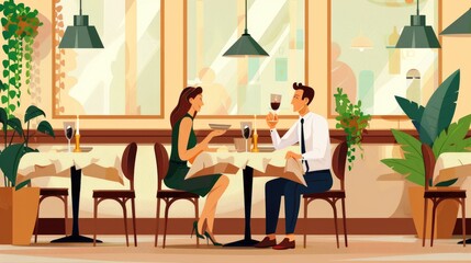 A couple enjoys a meal in a cozy restaurant setting, sharing drinks and conversation.