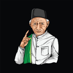 A man with a green scarf is pointing to the sky. He is wearing a white shirt and a black hat, ustadz