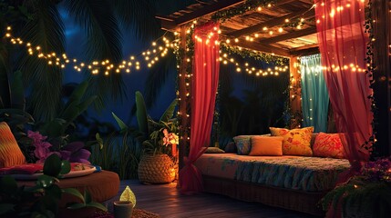 A festive tropical cabana decorated with fairy lights, vibrant streamers, and a lively summer party ambiance.