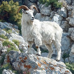 Obraz premium Majestic Dall Sheep Stands Proudly on Rocky Mountain Peak.