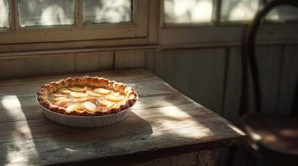 Rustic Pear Tart on Wooden Table with Dappled Light 
