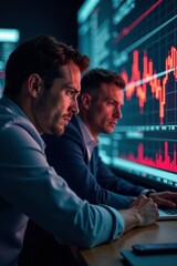 Two stressed investors staring at a currency graph with falling lines , investment, trading