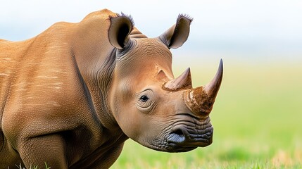 Obraz premium Close-up of a rhinoceros in a grassy landscape.