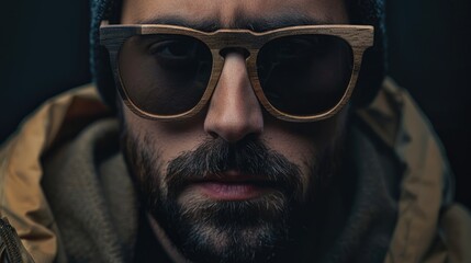 Fototapeta premium Close-up portrait of a man wearing wooden sunglasses and a beanie, exuding a serious vibe.