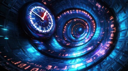 futuristic time machine background with glowing blue and purple circular elements