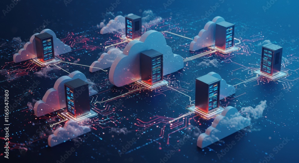 Poster futuristic cloud computing network with servers and connectivity