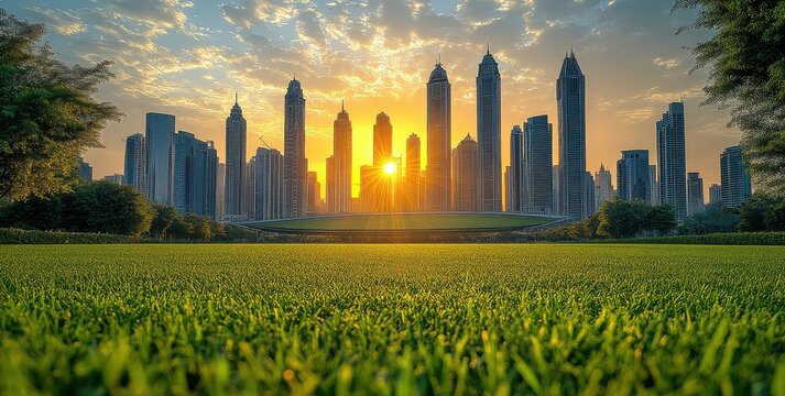 Professional football stadium with city skyline in the background - Powered by Adobe