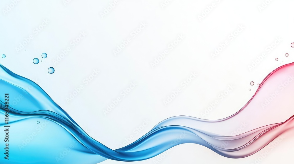 Poster Droplets abstract background idea. Elegant fluid wave design in blue and red tones with bubbles on a soft gradient background.