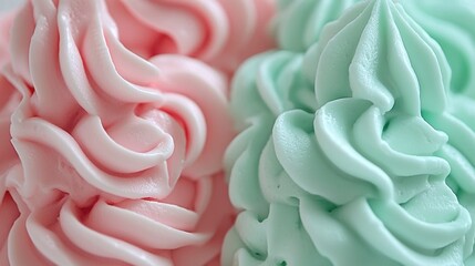 Indulge in delicious swirls of pink and mint frosting at a cozy bakery display captivating pastry...