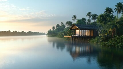 Fototapeta premium Cabana at the edge of a tropical lagoon, surrounded by mangroves and overlooking the peaceful, calm waters.