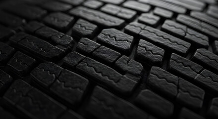 Close-up of industrial rubber surface with tire tread patterns