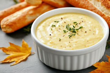 Delicious creamy soup with bread sticks cozy kitchen food photography autumn vibes close-up view culinary delight
