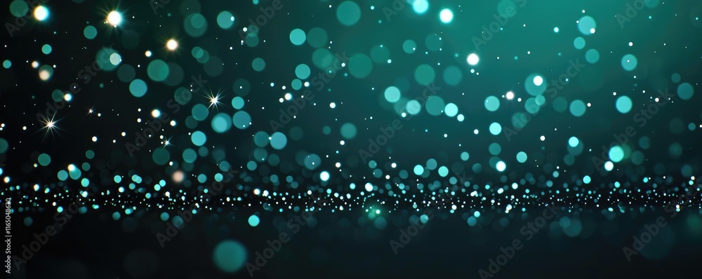 Poster Starry abstract background idea. Abstract shimmering bokeh lights create a magical atmosphere in teal tones.