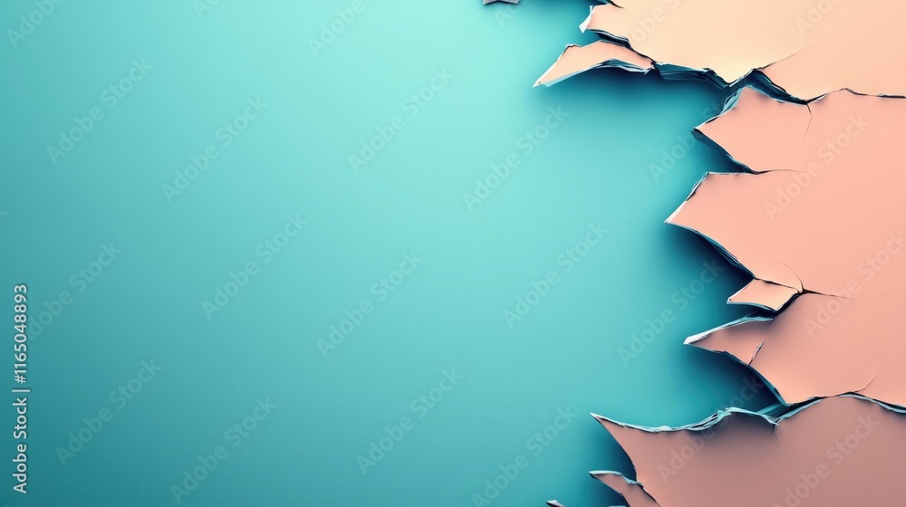 Poster Torn abstract background concept. Abstract art featuring torn paper layers in pastel colors on a teal background.