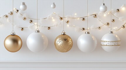 3D white and gold minimal Christmas decoration PNG cut-out elements: Elegant 3D Christmas decoration elements in white and gold, including baubles and garlands, perfect for minimalist holiday designs.