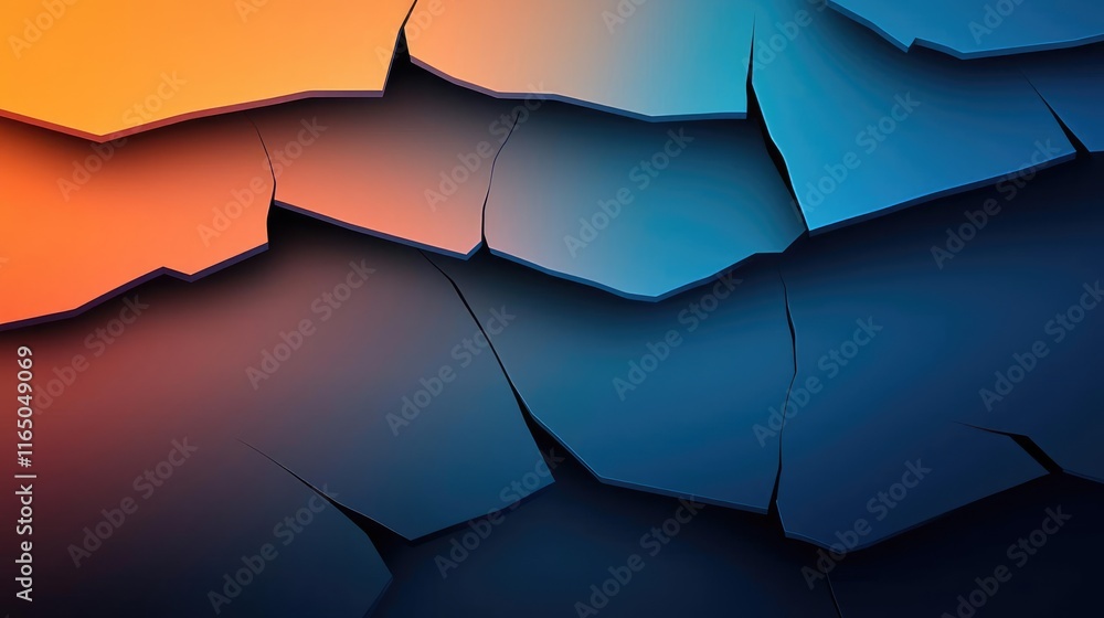 Poster Torn abstract background concept. Textured wall with vibrant orange and blue cracked colors creating an abstract pattern.