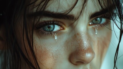 Fototapeta premium A close-up of a young woman's face, a single tear rolling down her cheek, her eyes shimmering with sorrow, soft gray light from a window casting subtle shadows, evoking a deep sense of melancholy.