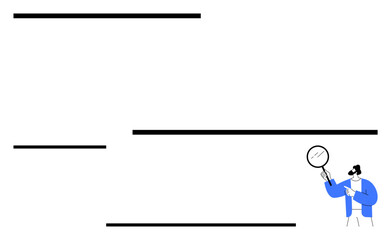 Person in blue coat holding magnifying glass near black lines. Ideal for research, discovery, analysis, focus, problem-solving, curiosity, abstract line flat metaphor