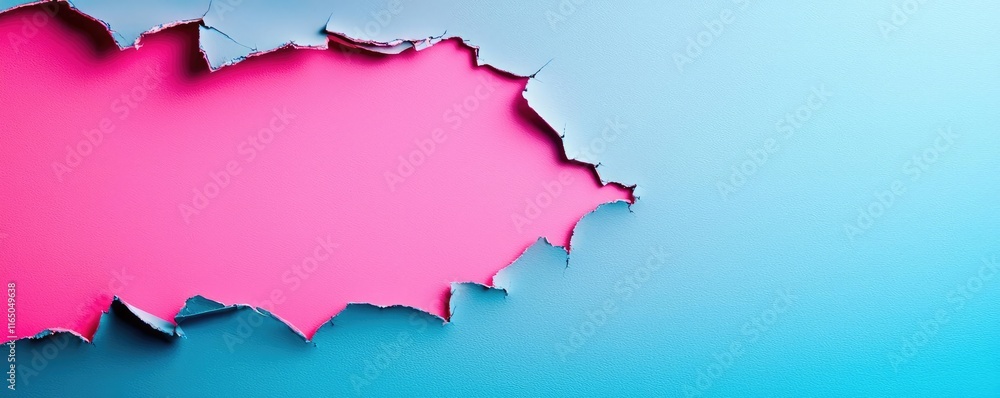 Poster Torn abstract background concept. Creative torn paper design with vibrant pink and blue background for artistic projects.