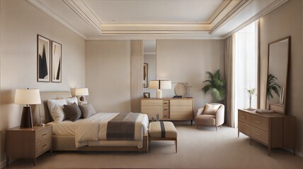Modern bedroom interior  in Pantone color of the year 2025 Mocha Mousse