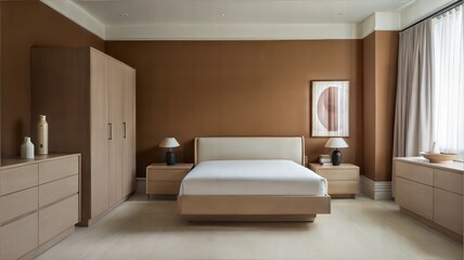 luxury japandi bedroom interior design of modern living room in Pantone color of the year 2025 Mocha Mousse