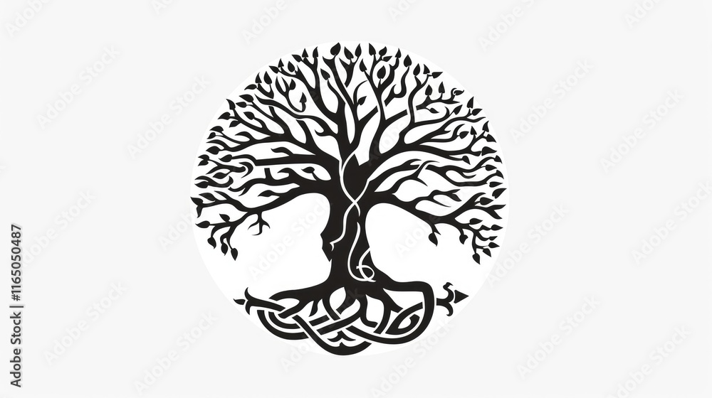 Poster a stylized black tree with intricate branches and roots inside a circular frame.