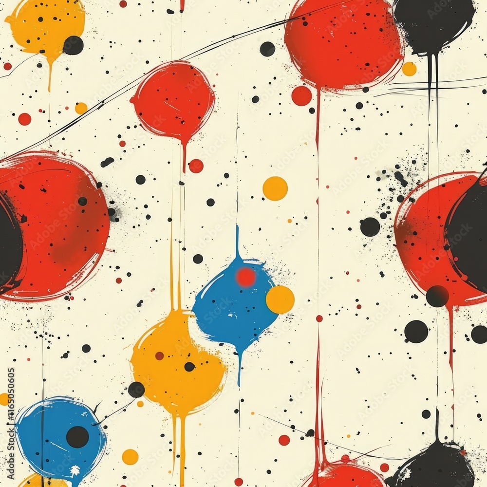 Aufkleber abstract design featuring colorful splashes and circles on a light background.