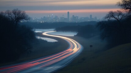 City skyline at dawn, long exposure of highway traffic.