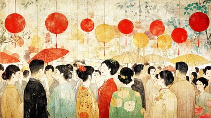 Traditional Festival Scene with Lanterns and Umbrellas in Vibrant Cultural Setting