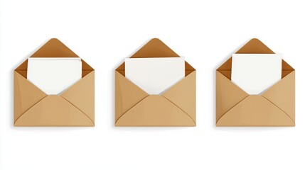 3 open brown envelopes with white paper inside, vector illustration on a solid background, white background, no shadows, vector graphics, flat design style, high resolution, high quality, high detail,