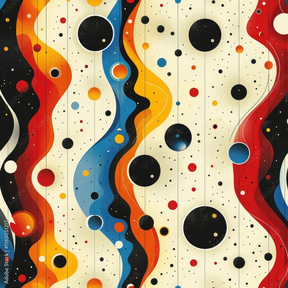 Poster abstract design featuring colorful waves and celestial elements like planets and stars.