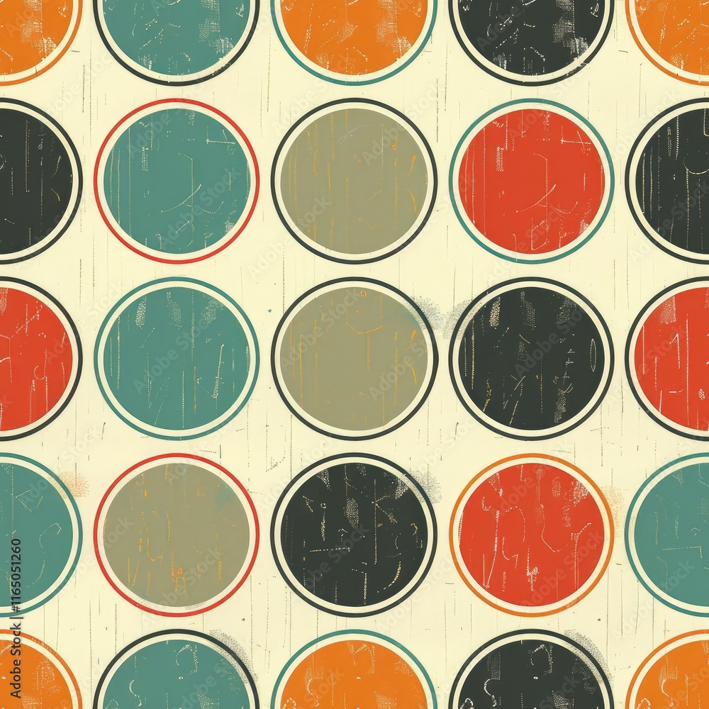 Poster a patterned design featuring colorful circles on a textured background.