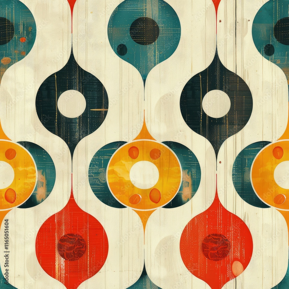 Poster a colorful retro pattern featuring bold shapes and contrasting colors.