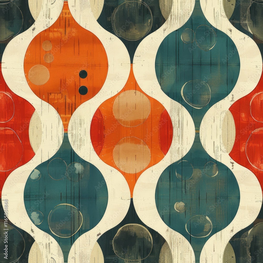 Poster a colorful retro pattern featuring abstract shapes and circles in vibrant hues.