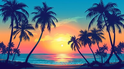 Obraz premium Vibrant evening beach scene with blue palm trees and orange sunset sky – vector illustration