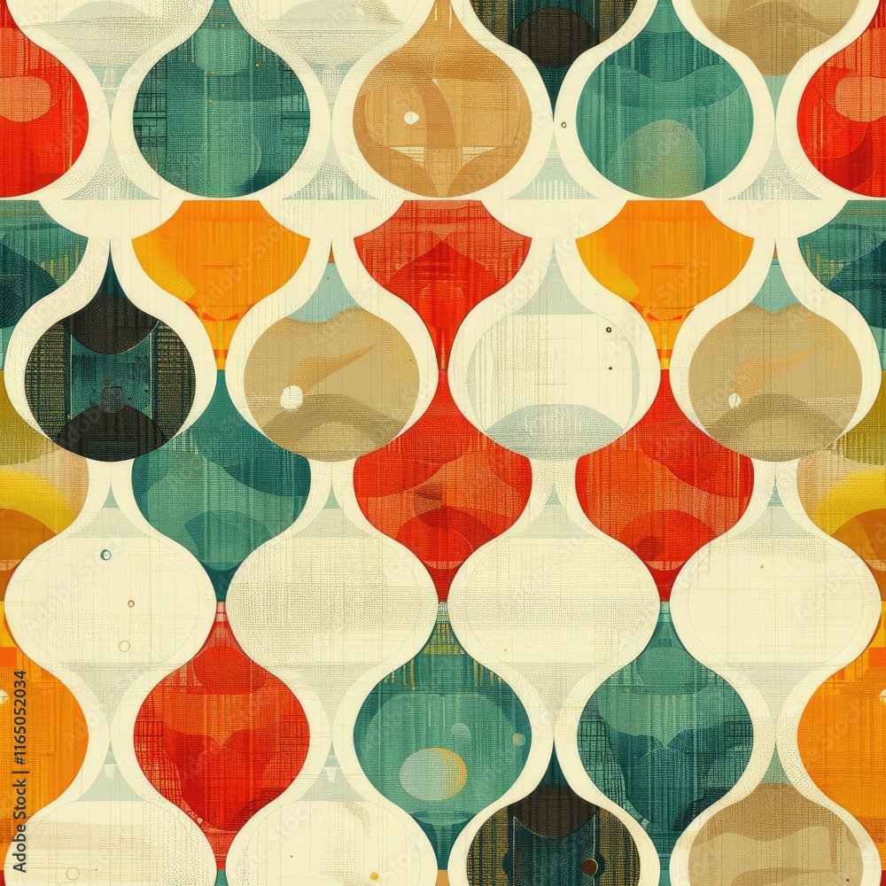 Poster a colorful geometric pattern featuring overlapping shapes in various hues.