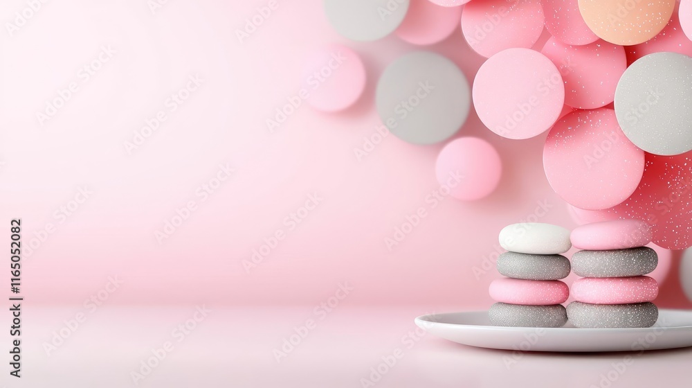 Poster Sparkle abstract background concept. Colorful macarons on a plate with pink and gray circular decor in a soft background.
