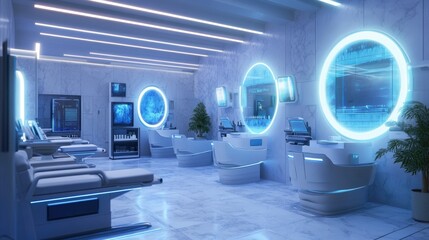 Professional beauty salon with a high-tech skincare station, glowing mirrors, and an elegant layout.