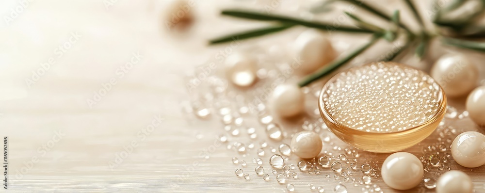 Poster droplets abstract background idea. refreshing drink with bubbles and decorative pearl beads, ideal f