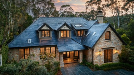 Seapack Monier roof tiles in a shimmering bronze finish, styled on a grand home under soft evening light."