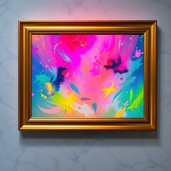 Colorful Abstract Painting in Gold Frame: Vibrant Modern Art for Wall Decor and Home Interior