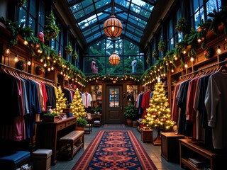 Obraz premium Festive Boutique Interior Christmas Decor Clothing and Elegant Holiday Atmosphere